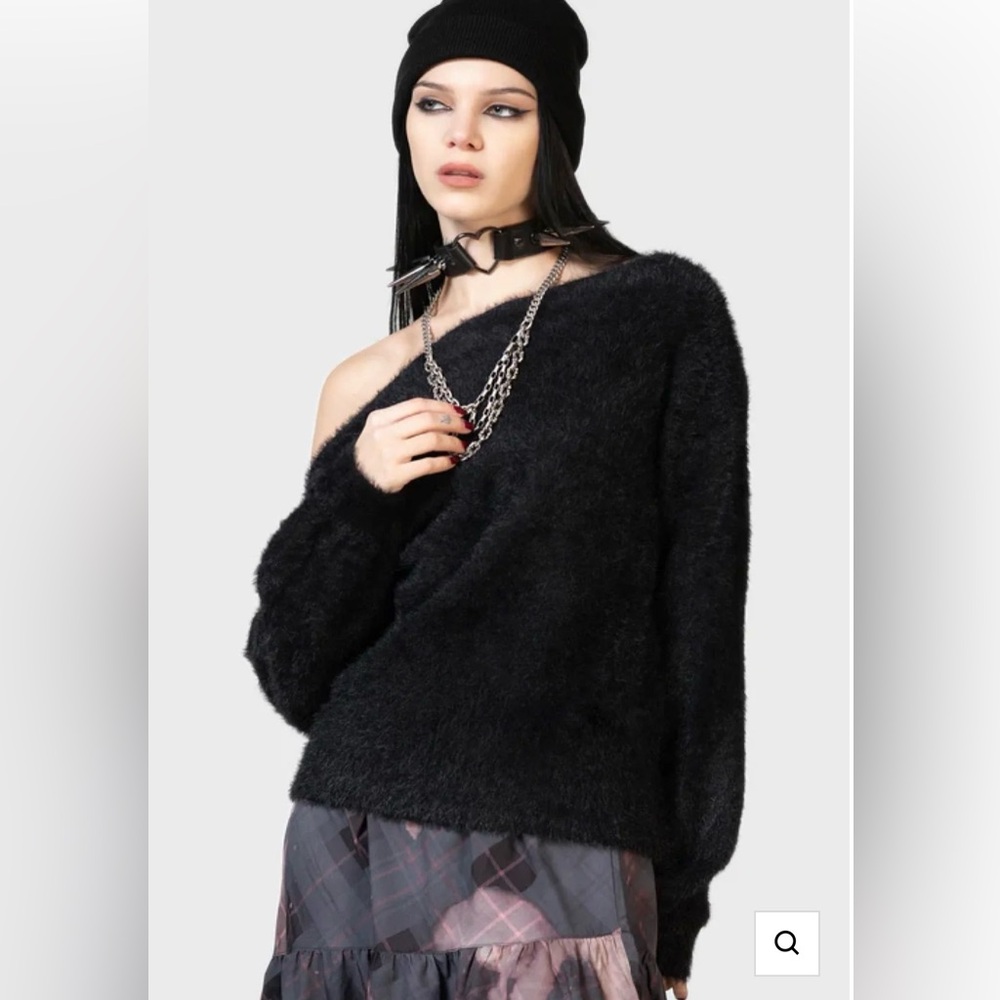 Off-Shoulder Black Fuzzy Women’s Sweater - Picture 2 of 5
